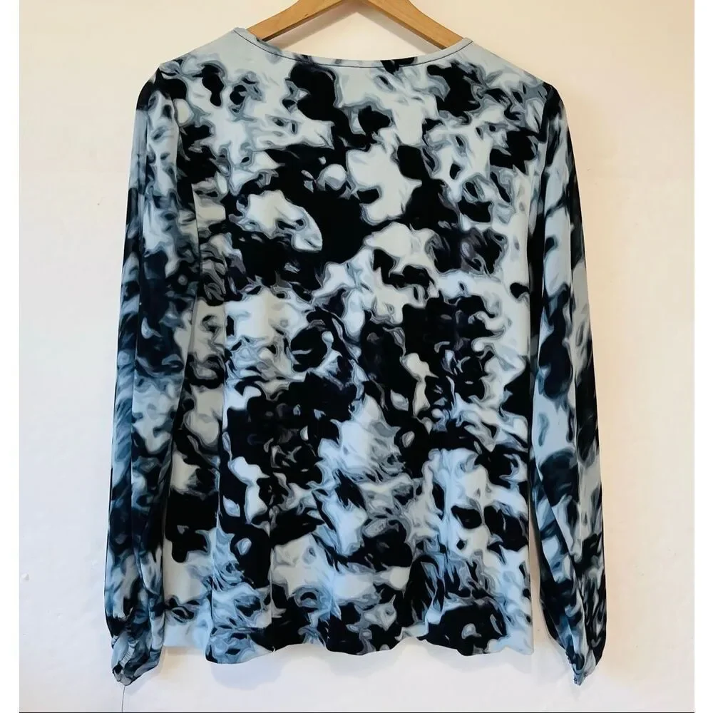 Alfani Abstract Black, White And Blue Print Top   Size M   NWT